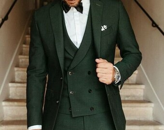 Elegant Dark Green Double Breasted Vest 3 Pieces Solid Color Slim Fit Men's Suits