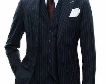 Men's Navy Blue 3 Piece Suit Pin Stripe Suit Business Wear Office Wear Formal Event Two Button Peak lapel Suit For Men.