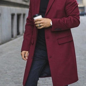 Men's Maroon Overcoat Brushed Cotton Knee Length Long Coat Casual Long ...
