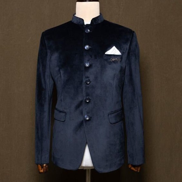 Herren Samt Blau Abendkleidung Perfekte Hochzeitsjacke Bräutigam Mantel Sechs Knopf Aufgesetzte Taschen Jacke Für Ihn.