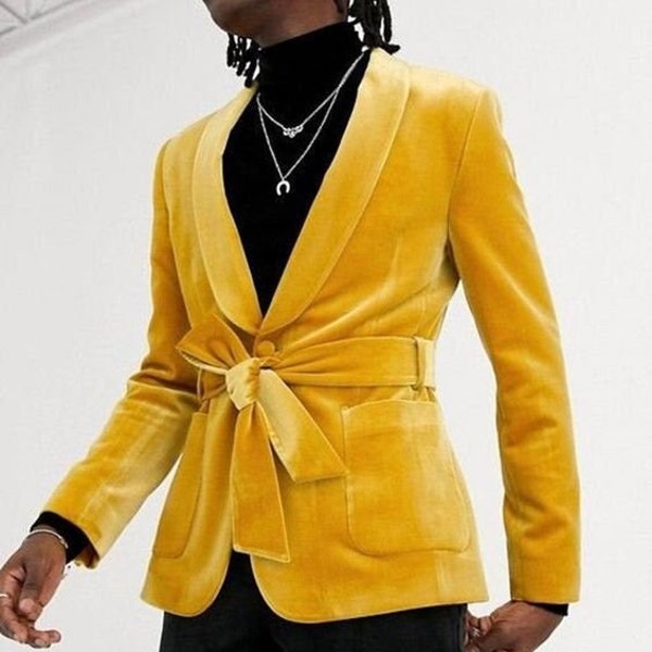 Men's Velvet Yellow Belt Tuxedo 2 Piece Suit Perfect Wedding Suit Groom's Belt Coat Shawl Lapel Belt Jacket Suit For Him.