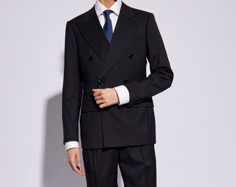 Men's Black 2 Piece Double Breasted Suit Regular Fit Six Buttons Suit For Men.