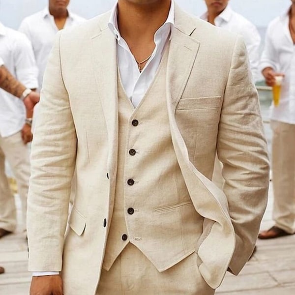 Herren Beige Premium Leinen 3-teiliger Anzug aus reinem Leinen Anzug Hochzeit, Strand, Dinner-Party, klassischer Anzug für Männer.