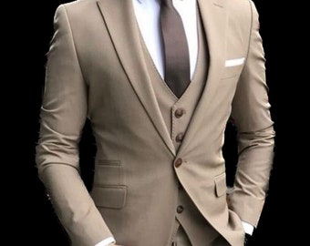 Men's Beige 3 Piece Suit Peak Lapel Groomsmen Two Buttons Suit For Men.