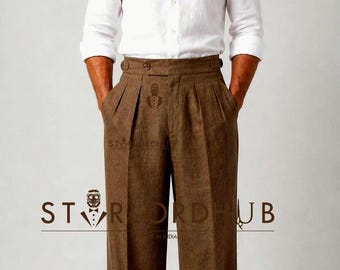 Vintage Brown Gurkha Linen Trouser : Straight fit Double pleat pant for men.