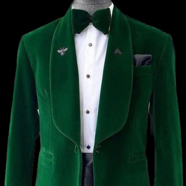 Men's 2 Piece Velvet Suit Soaked Velvet Shawl Lapel Forest Green One Button Tuxedo Suit Men's Wedding, Prom Groom's Party Wear Suit For Men