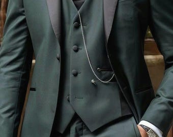 Abito da uomo verde 3 pezzi: abito da sposo con revers a lancia