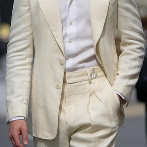 Men&#39;s Premium Cream Linen 2 Piece Suit Peak Lapel Pure Linen Suit Wedding, Beach, Dinner Party, Classic Suit For Men.