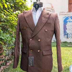Men&#39;s Brown Linen Double Breasted Peak Lapel Six Buttons Blazer for men
