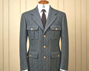 Men's Charcoal Grey Herringbone Wool Safari Jacket