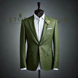Men&#39;s Olive Green Linen Double Summer Blazer with Flap Pockets, Wedding Ceremony Party Event Linen Blazer for Men.