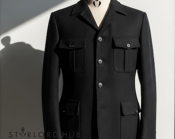 Men's Black Tweed Safari Jacket for Winter
