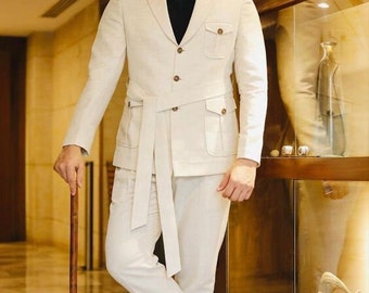 Men's Off White 2 Piece Hunting Safari Coat Pant Wedding Ceremony Peak Lapel Perfect Suit For Formal Event Classic Suit For Men.