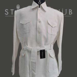 Summer Off White Linen Safari Jacket with Removable Belt, Oversized Jacket, Cargo Jacket, Linen Jacket, Travel Jacket, Hunting Coat for Men.