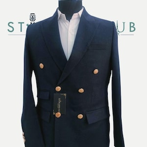 Men&#39;s Navy Blue Double Breasted Tweed Blazer Peak Lapel Blazer Dinner Business Casual Blazer For Men.