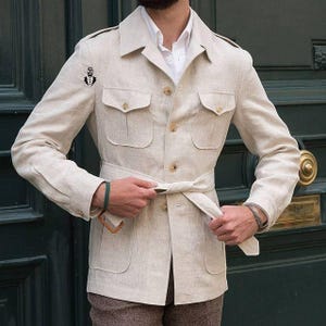 Men&#39;s Vintage Pure Linen Safari Jacket Oversized Jacket, Cargo Jacket, Designer Jacket, Travel Jacket, Hunting Coat for Men.