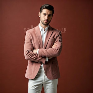 Men&#39;s Dusty Rose Pink Suede Velvet Jacket Notch Lapel for Men Dinner Jacket Halloween party, Christmas Party Wear Coat For Him.