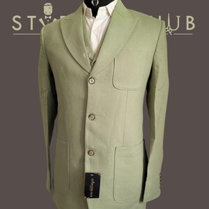 Men&#39;s Vintage Sage Green Pure Linen 3 Piece Suit Patched Pocket linen Suit Wedding, Beach, Dinner Party, Classic Suit For Men.