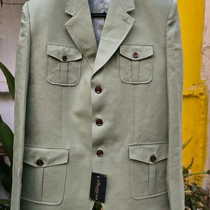 Men&#39;s Sage Green Linen Safari 4 Pocket Premium Linen Coat Travelling Jacket Safari Linen Casual Jacket For Men.