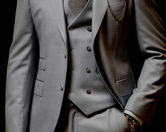 Grey Peak Lapel Suit: Men's 3-Piece Double Breasted Vest Wedding Suit
