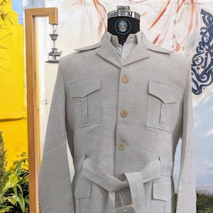 Men&#39;s Vintage Linen Safari Jacket with Belt, Oversized Jacket, Linen Jacket, Summer Jacket, Travel Jacket For Men.