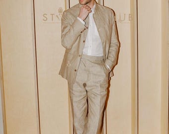 Men's Beige Linen Suit: Stand Collar, 2-Piece Summer Formal