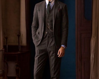 Vintage 1920s Charcoal Grey Tweed 3-Piece Suit - Peaky Blinders Style