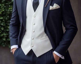 Men's Navy Blue 3 Piece Suit With White Vest Coat One Button Notch Lapel Classic Suit Wedding Party Wear For Men.