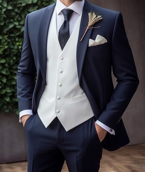 Men's Navy Blue 3 Piece Suit With White Vest Coat One Button Notch