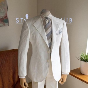 Men&#39;s Vintage Pure White Linen 2 Piece Suit Peak Lapel Pure Linen Suit Wedding, Beach, Dinner Party, Classic Suit For Men.