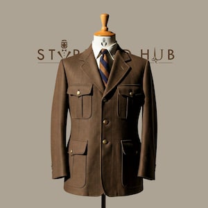 Men&#39;s Retro Brown Wool Safari Jacket, Oversized Jacket, Business Travel Jacket, Casual Winter Vintage Jacket for men.