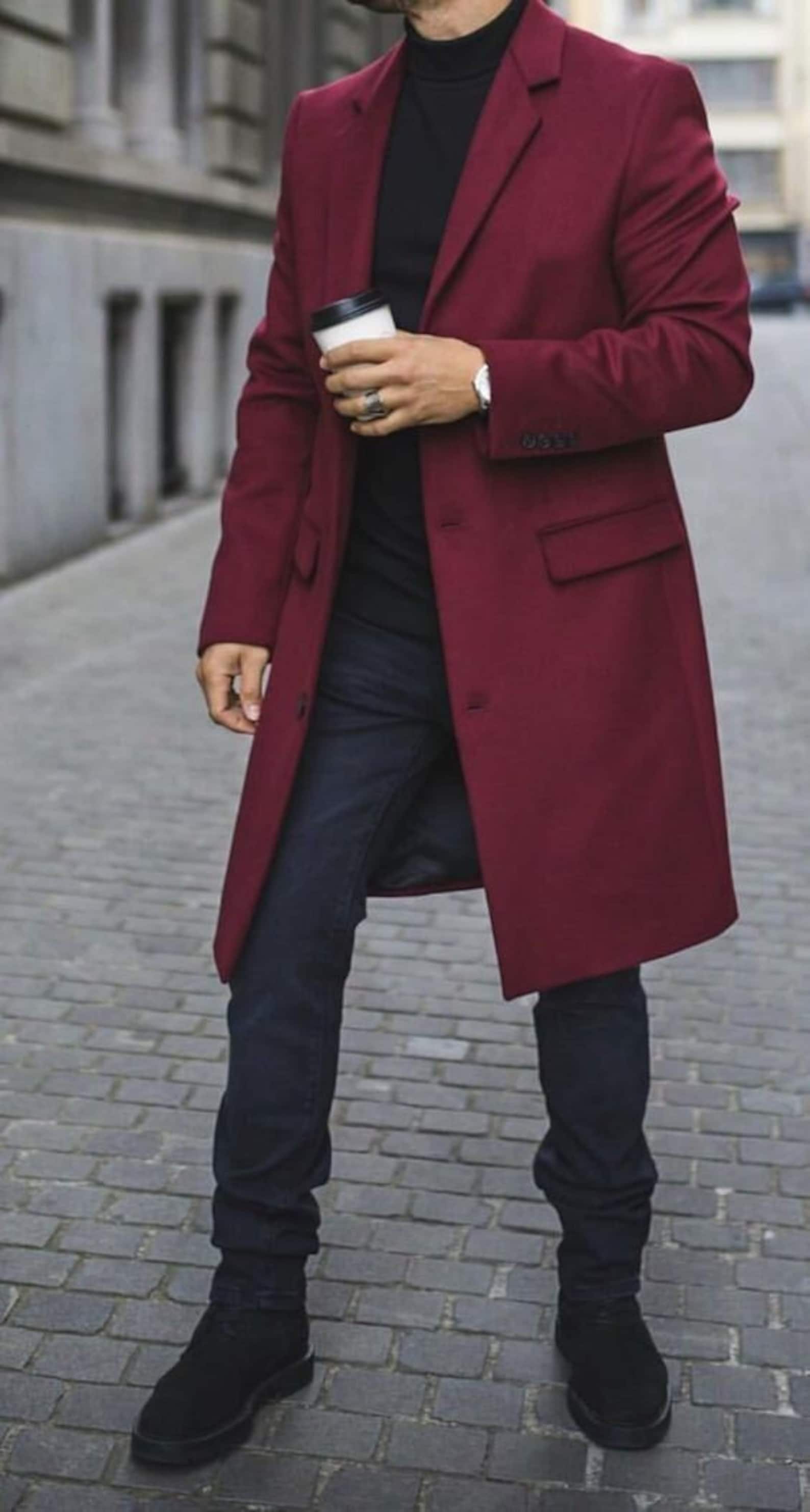 Men's Maroon Overcoat Brushed Cotton Knee Length Long Coat Casual Long ...