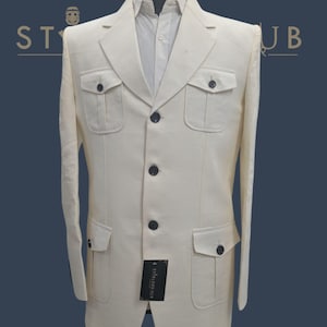 Men&#39;s Summer Pure linen Hunting Safari 4 Pocket Jacket for Travel, Outing Jacket, Ceremony Formal Event Classic Jacket For Men.
