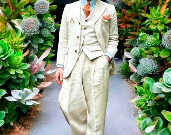 1920s Beige Linen 3 Piece Suit: Summer Wedding, Regular Fit