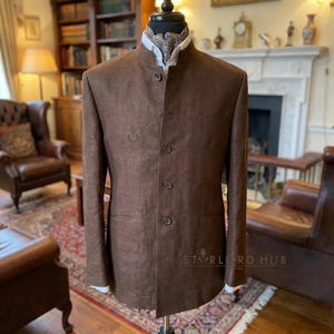 Giacca Nehru in lino marrone da uomo: classico cappotto estivo Bandhgala.