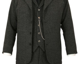 Cappotto da uomo in lana grigia a sacco Abito vittoriano in 3 pezzi degli anni '20 Abito da uomo del XIX secolo.