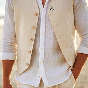 Summer Pure Cream Vest and pant 2 piece  Linen Suit For Men, Beach Party, Summer Vacation Suit for Men.