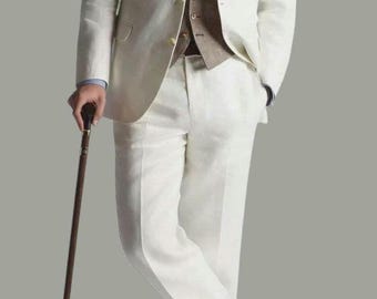 Gatsby Style White Linen 3-Piece Suit, Brown Vest suit.