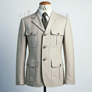 Men&#39;s Beige Linen Safari 4 Pocket Premium Linen Jacket Travelling Jacket Safari Linen Casual Jacket For Men.