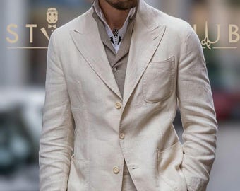 Men's 1920s Beige Linen Suit: Regular Fit Summer Casualwear