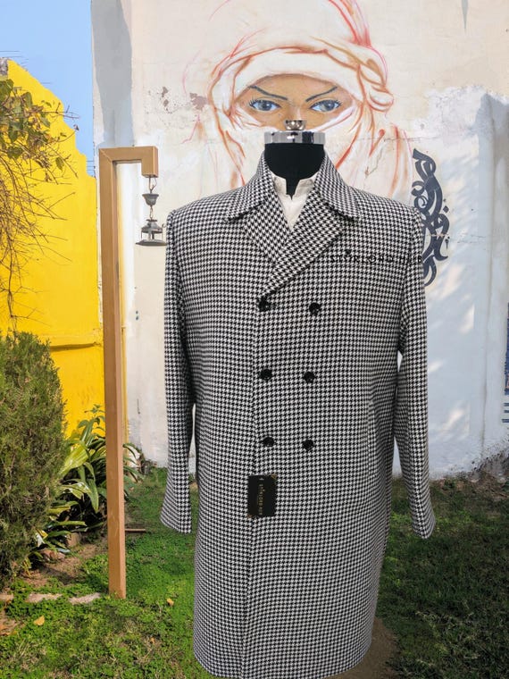 Herren schwarz weißer Hahnentritt-Tweed-Mantel, Oversize-Jacke