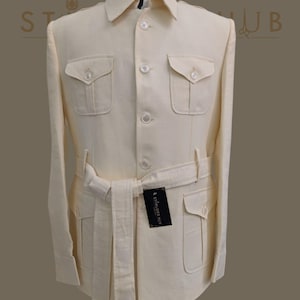 Men&#39;s Cream Pure Linen Safari Jacket with Removable Belt, Oversized Jacket, Cargo Jacket, Linen Jacket, Travel Jacket, Hunting Coat for Men.