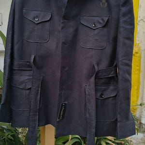 Elegant Black Linen Safari Jacket with Removable Belt, Oversized Jacket, Cargo Jacket, Linen Jacket, Travel Jacket, Hunting Coat for Men.