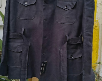 Black Linen Safari Jacket with Removable Belt - Oversized Cargo Coat