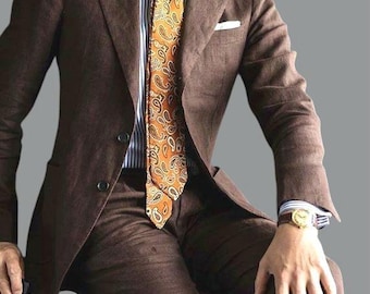 Traje de lino marrón para hombre: traje de boda de dos piezas con solapa de pico.