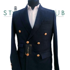 Men's Navy Blue Double Breasted Tweed Blazer Peak Lapel Blazer Dinner Business Casual Blazer For Men.