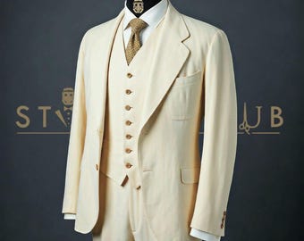 1940's Style Cream Linen 3-Piece Suit: Classic Summer Wedding Outfit