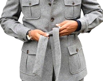 Light Grey Tweed Safari Jacket: Men's Cargo Travel Coat