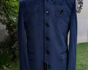 Chaqueta formal de terciopelo azul para hombre: abrigo de novio de seis botones