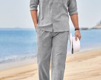 Men's Grey Linen Chordset Regular Fit for Beach Summer Outfit Linen Shirt pant Set for Mens